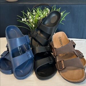 Bundle  of three pairs two-strap slide Sandals size 37 (6-7) adjustable Unworn